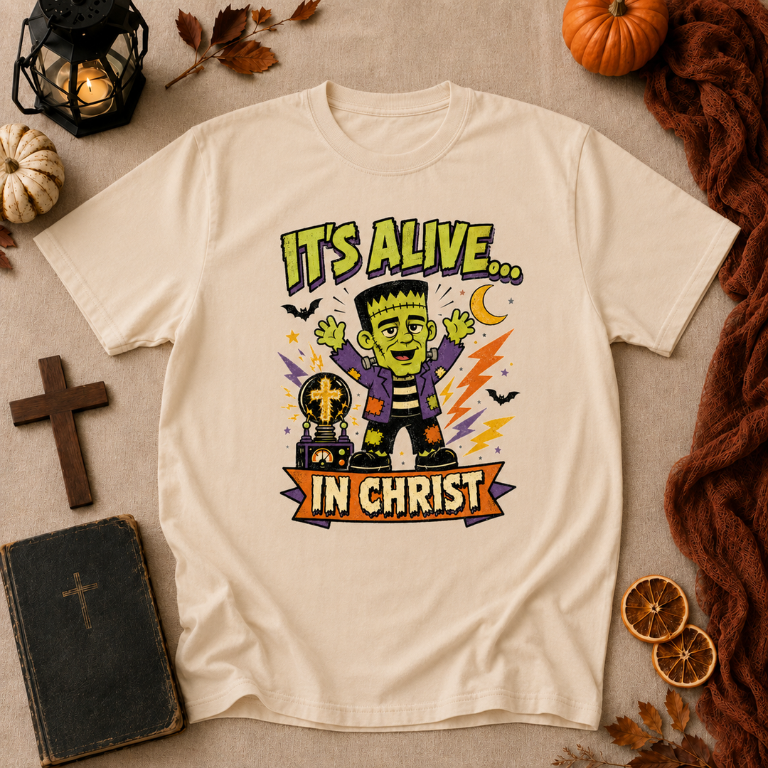 Christian Frankenstein T-Shirt — "It's Alive... In Christ" Graphic Tee