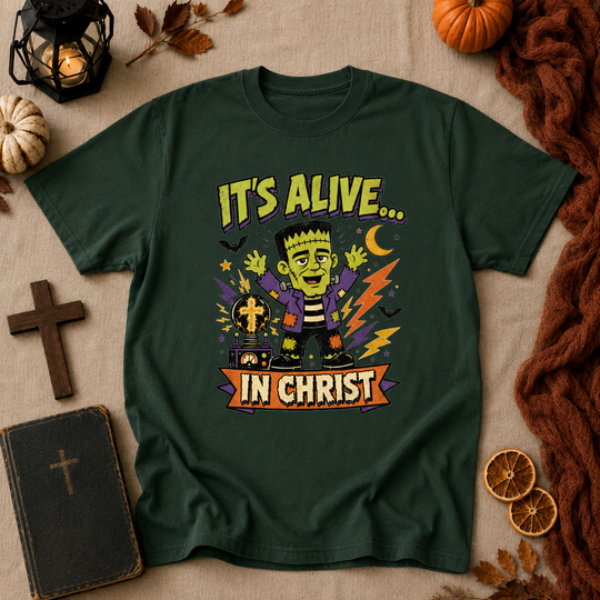 Christian Frankenstein T-Shirt — "It's Alive... In Christ" Graphic Tee