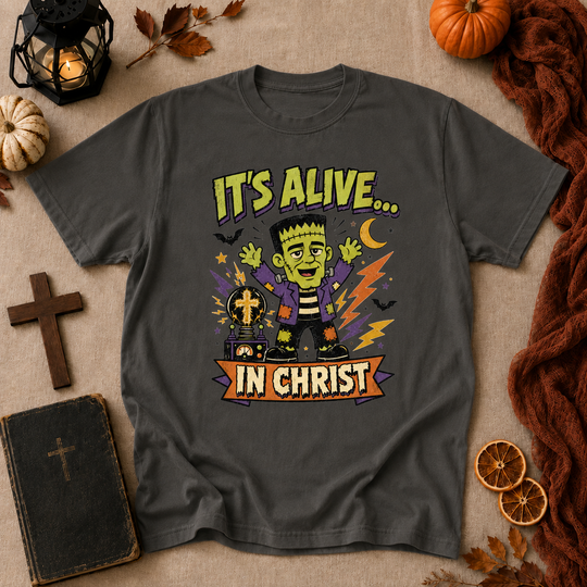 Christian Frankenstein T-Shirt — "It's Alive... In Christ" Graphic Tee