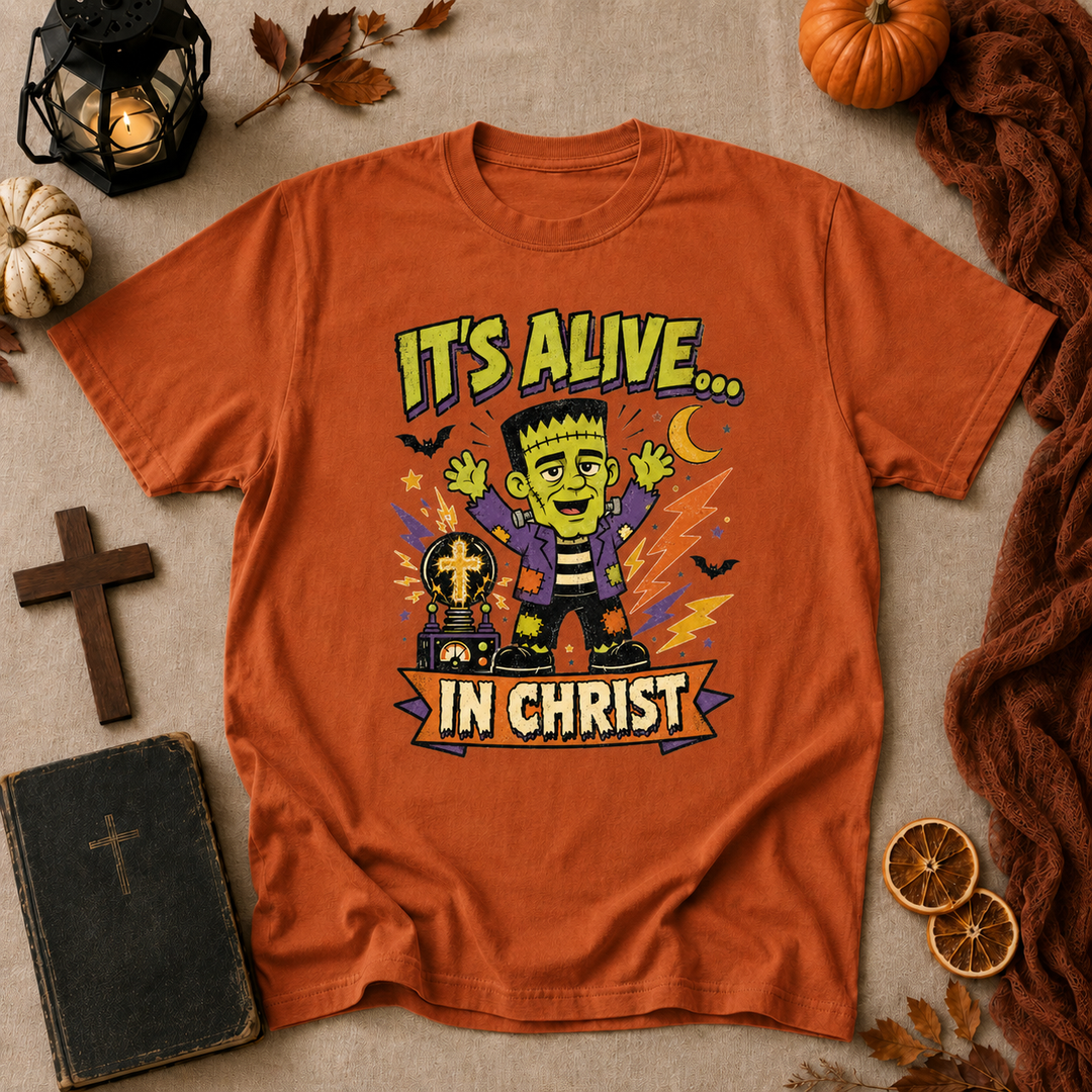 Christian Frankenstein T-Shirt — "It's Alive... In Christ" Graphic Tee