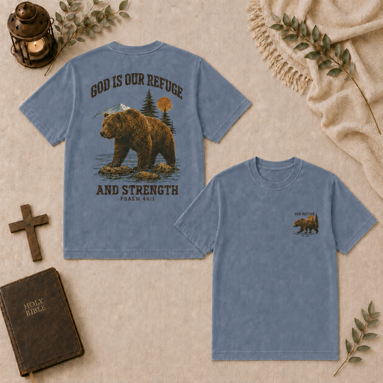 God Is Our Refuge Bear Tee In Blue Jean #color_blue-jean