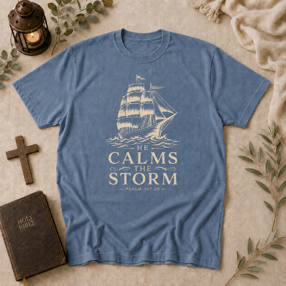T-Shirt — 'He Calms the Storm' Nautical Christian Graphic Tee