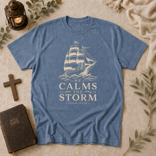 T-Shirt — 'He Calms the Storm' Nautical Christian Graphic Tee