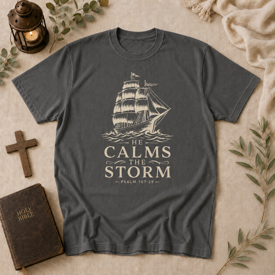 T-Shirt — 'He Calms the Storm' Nautical Christian Graphic Tee