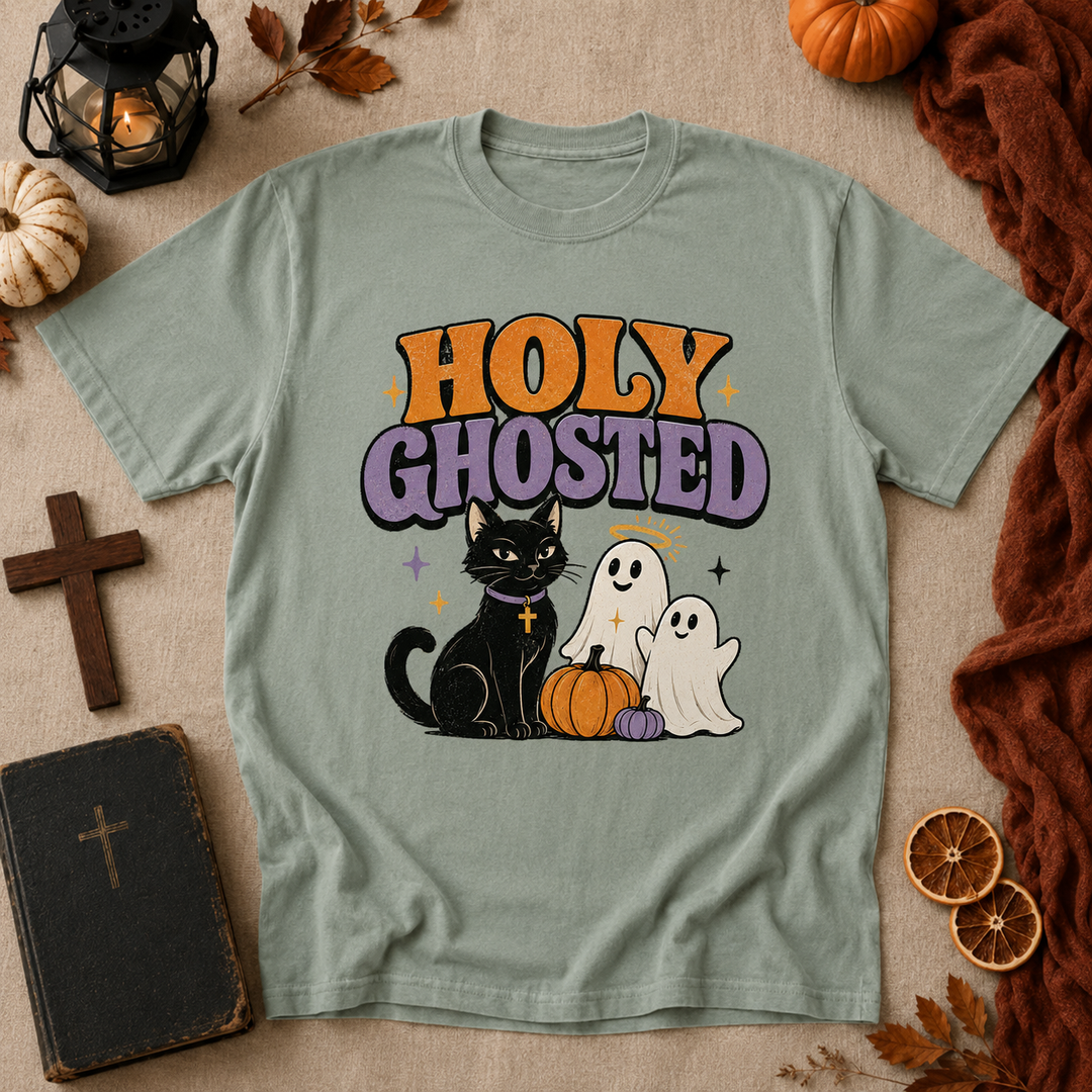 Holy Ghosted Halloween T-Shirt — Cute Cat & Ghosts Pumpkin Graphic Tee