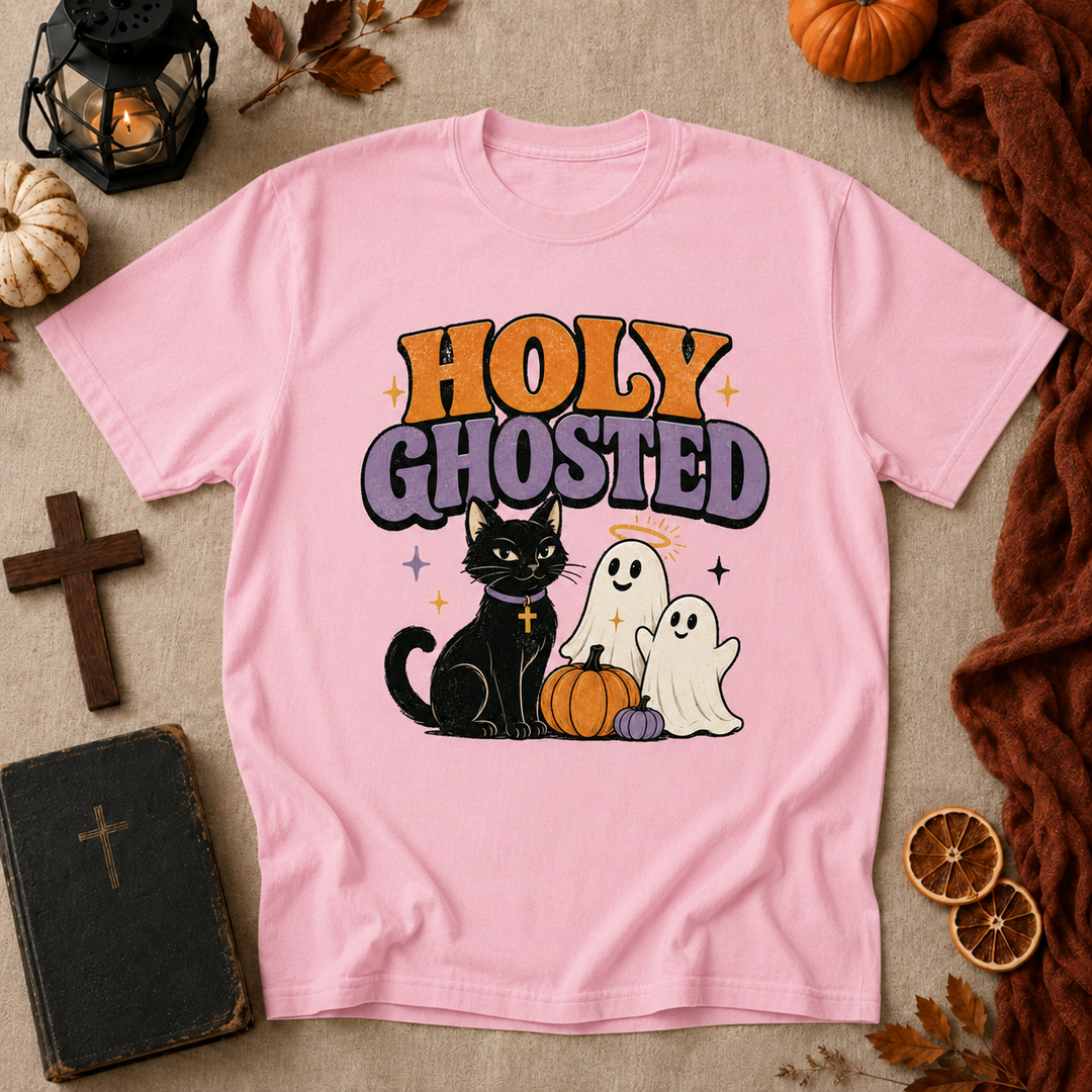 Holy Ghosted Halloween T-Shirt — Cute Cat & Ghosts Pumpkin Graphic Tee