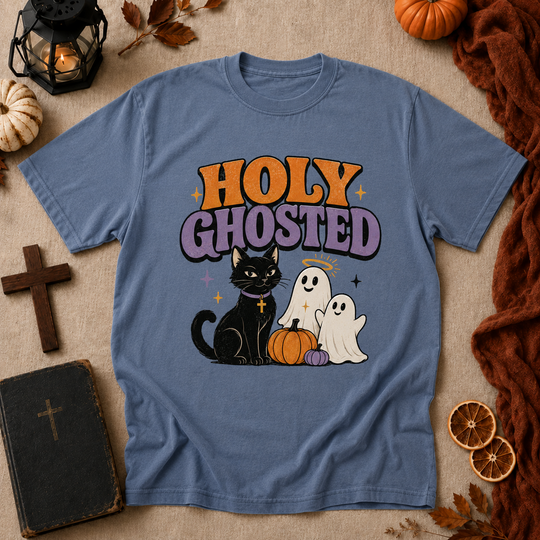 Holy Ghosted Halloween T-Shirt — Cute Cat & Ghosts Pumpkin Graphic Tee