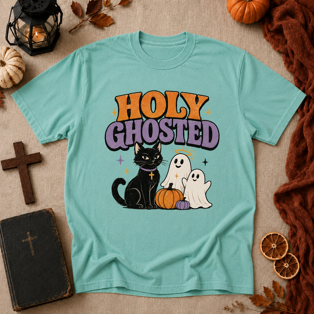 Holy Ghosted Halloween T-Shirt — Cute Cat & Ghosts Pumpkin Graphic Tee