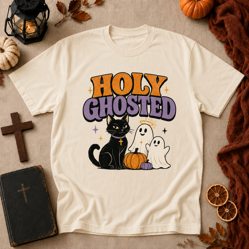Holy Ghosted Halloween T-Shirt — Cute Cat & Ghosts Pumpkin Graphic Tee