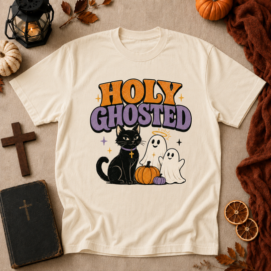 Holy Ghosted Halloween T-Shirt — Cute Cat & Ghosts Pumpkin Graphic Tee