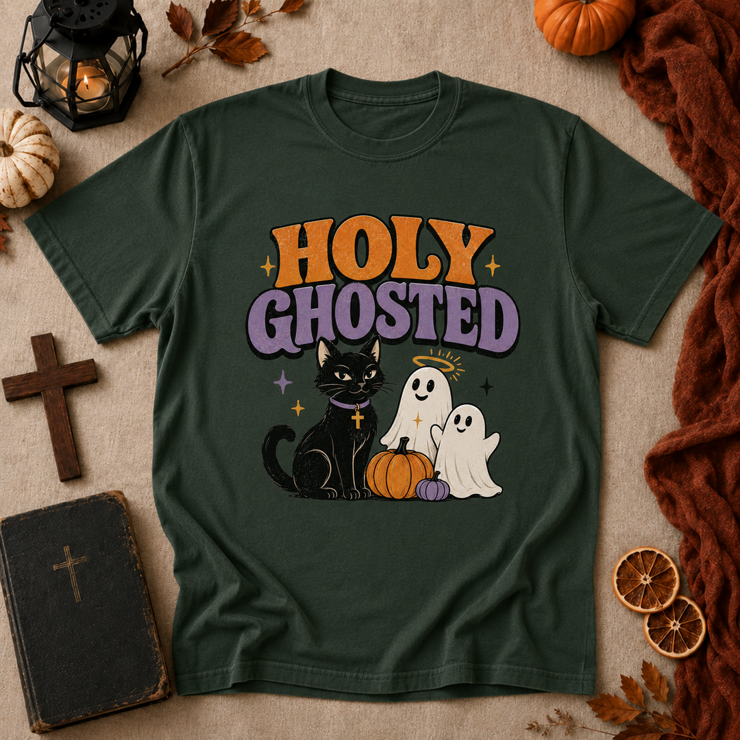 Holy Ghosted Halloween T-Shirt — Cute Cat & Ghosts Pumpkin Graphic Tee
