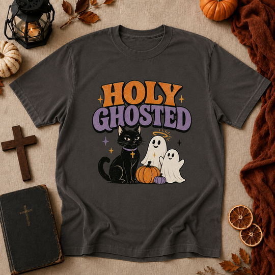 Holy Ghosted Halloween T-Shirt — Cute Cat & Ghosts Pumpkin Graphic Tee
