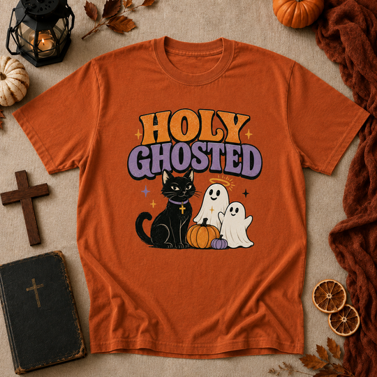 Holy Ghosted Halloween T-Shirt — Cute Cat & Ghosts Pumpkin Graphic Tee