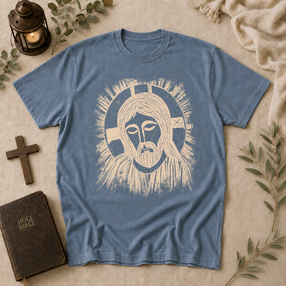 Jesus Woodcut Tee in blue jean #color_blue-jean