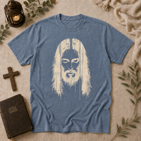 Woodcut Jesus tee in blue jean #color_blue-jean