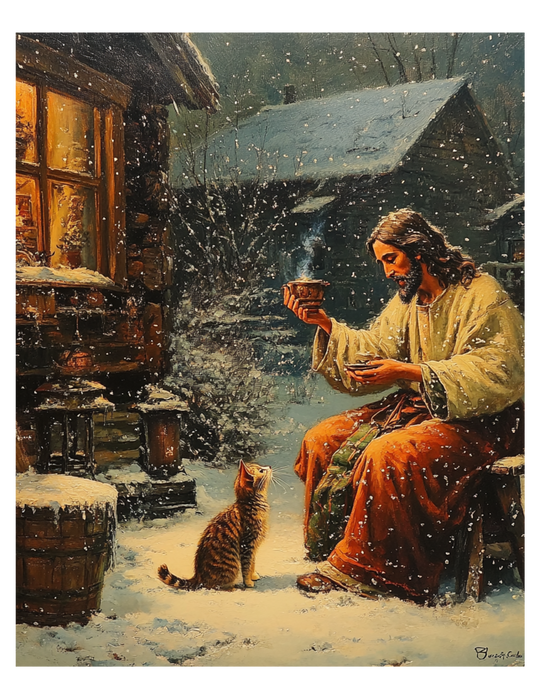 Jesus Feeding Cat in the Snow Christian Art Print 8" x 10"