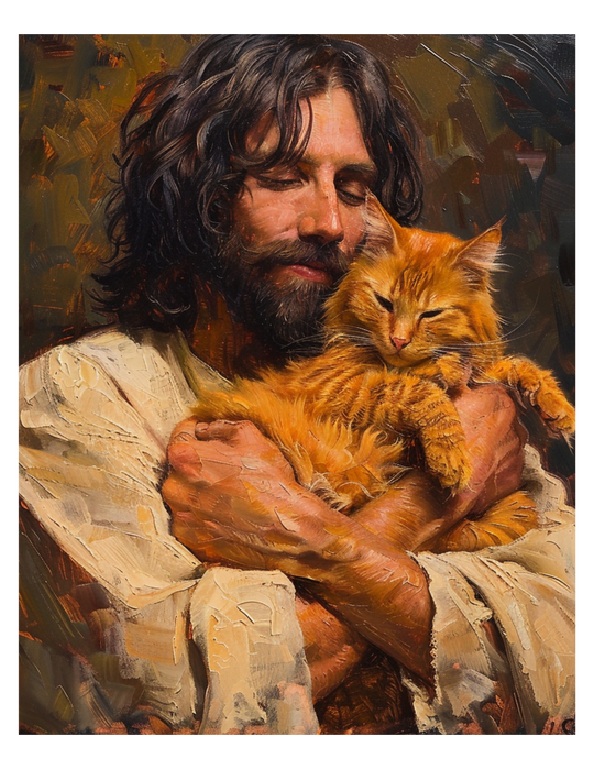 Jesus with Orange Cat Christian Art Print 8" x 10"