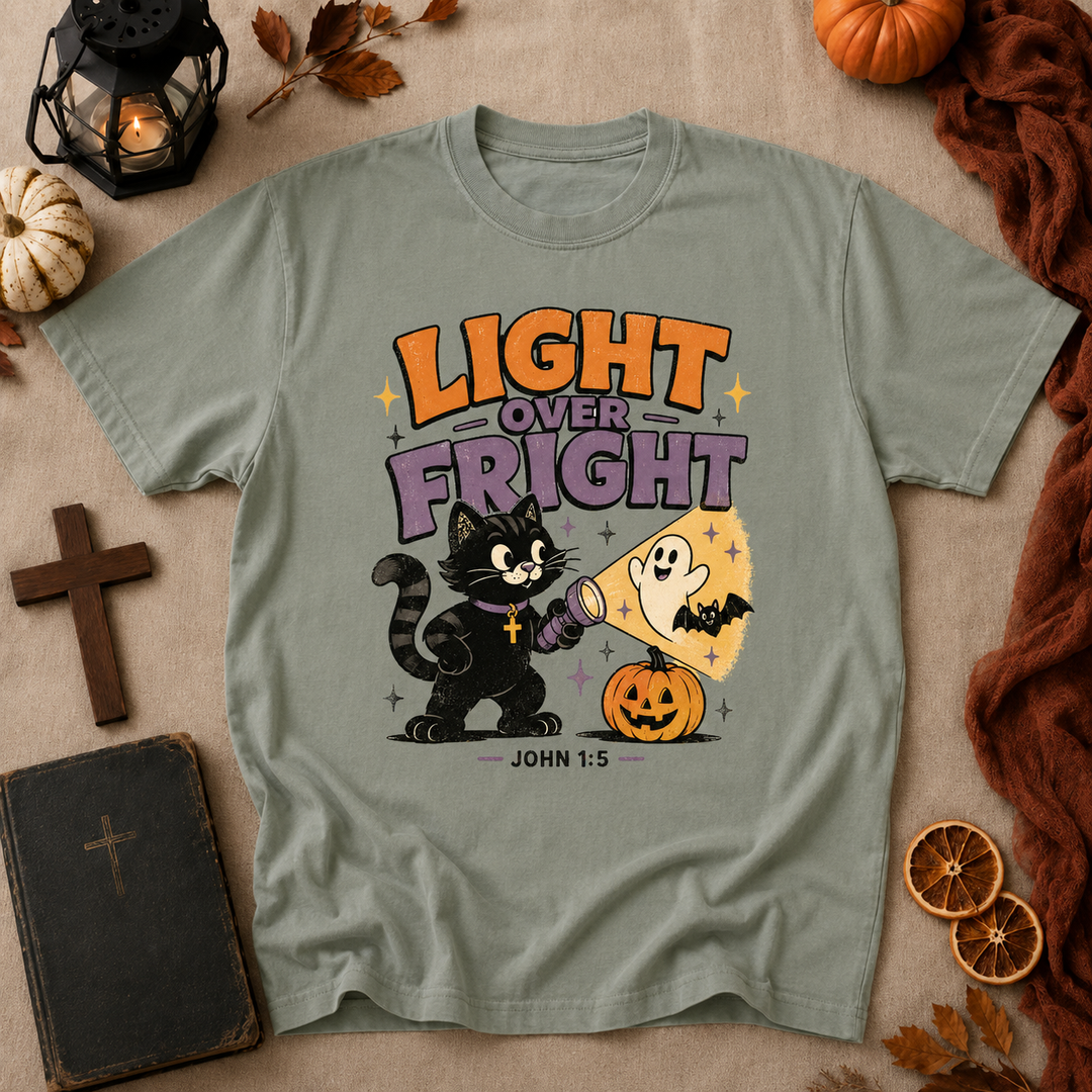 Light Over Fright Halloween T-Shirt — Cute Cat & Ghost Pumpkin Graphic (John 1:5)