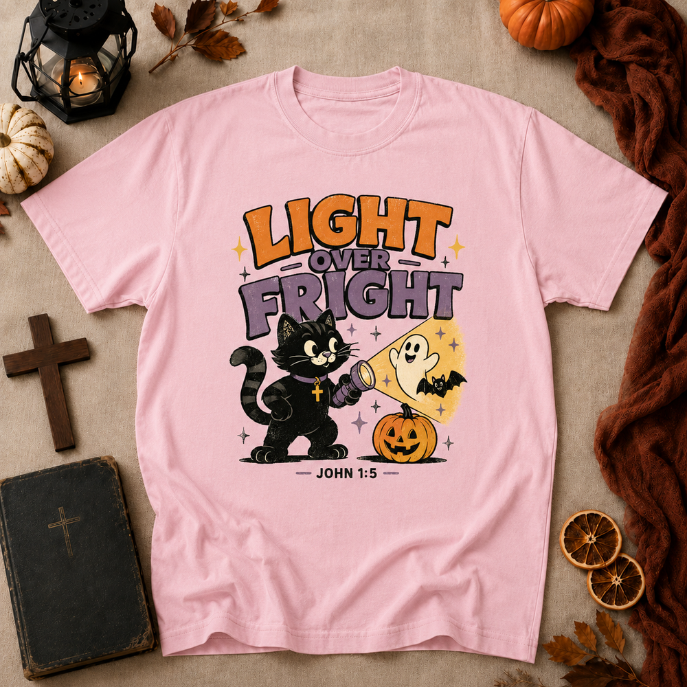 Light Over Fright Halloween T-Shirt — Cute Cat & Ghost Pumpkin Graphic (John 1:5)