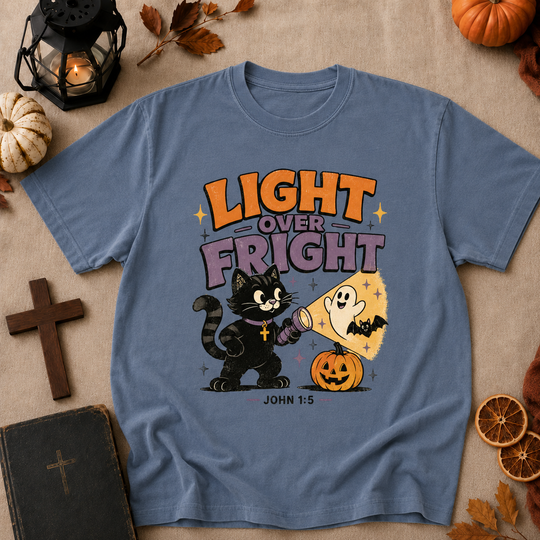 Light Over Fright Halloween T-Shirt — Cute Cat & Ghost Pumpkin Graphic (John 1:5)