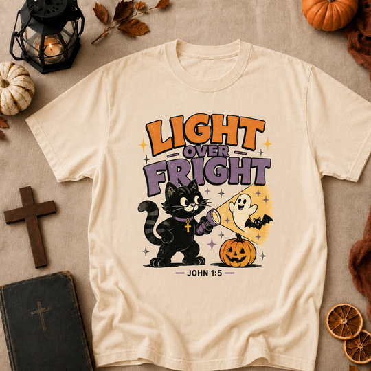 Light Over Fright Halloween T-Shirt — Cute Cat & Ghost Pumpkin Graphic (John 1:5)