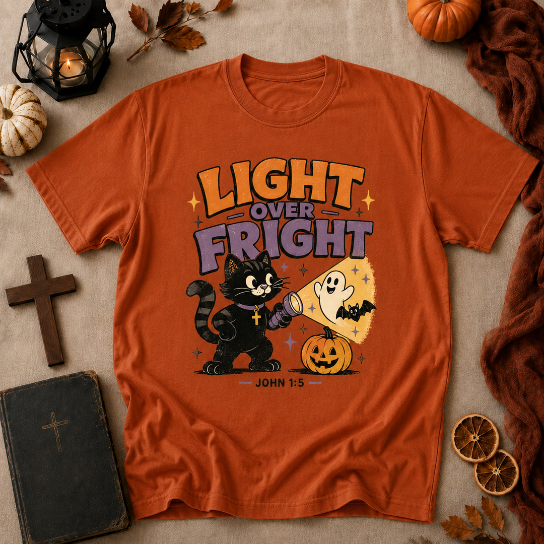 Light Over Fright Halloween T-Shirt — Cute Cat & Ghost Pumpkin Graphic (John 1:5)