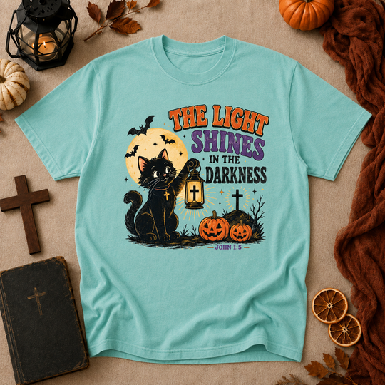Halloween Cat T-Shirt — "The Light Shines in the Darkness" Vintage Christian Pumpkin Tee