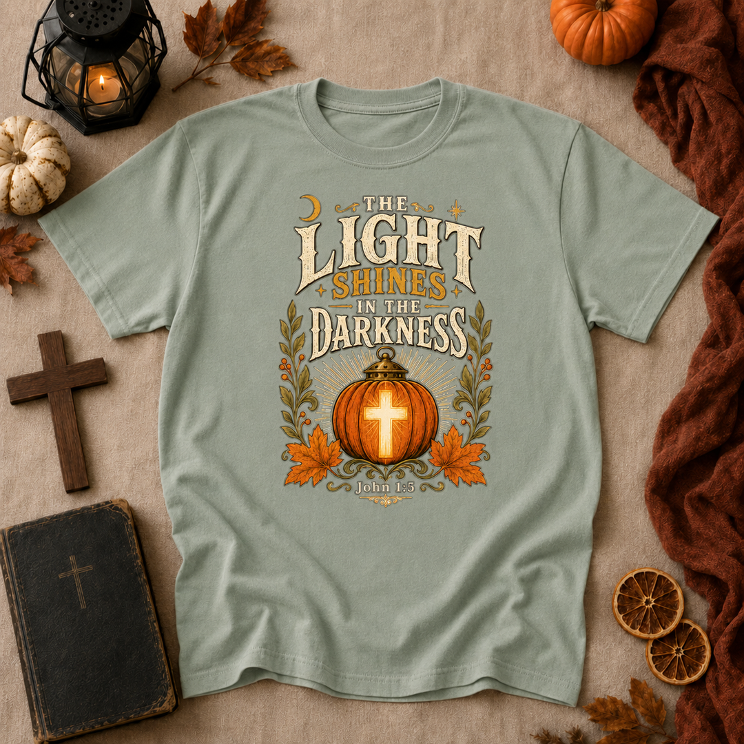 Faith Pumpkin T-Shirt — "Let Your Light Shine in the Darkness" Christian Fall Tee