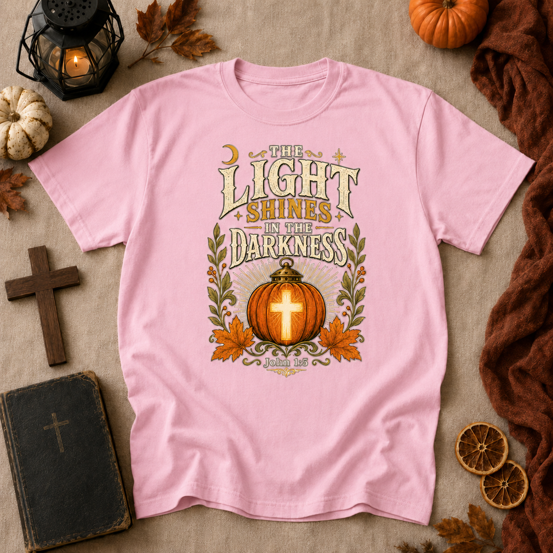 Faith Pumpkin T-Shirt — "Let Your Light Shine in the Darkness" Christian Fall Tee