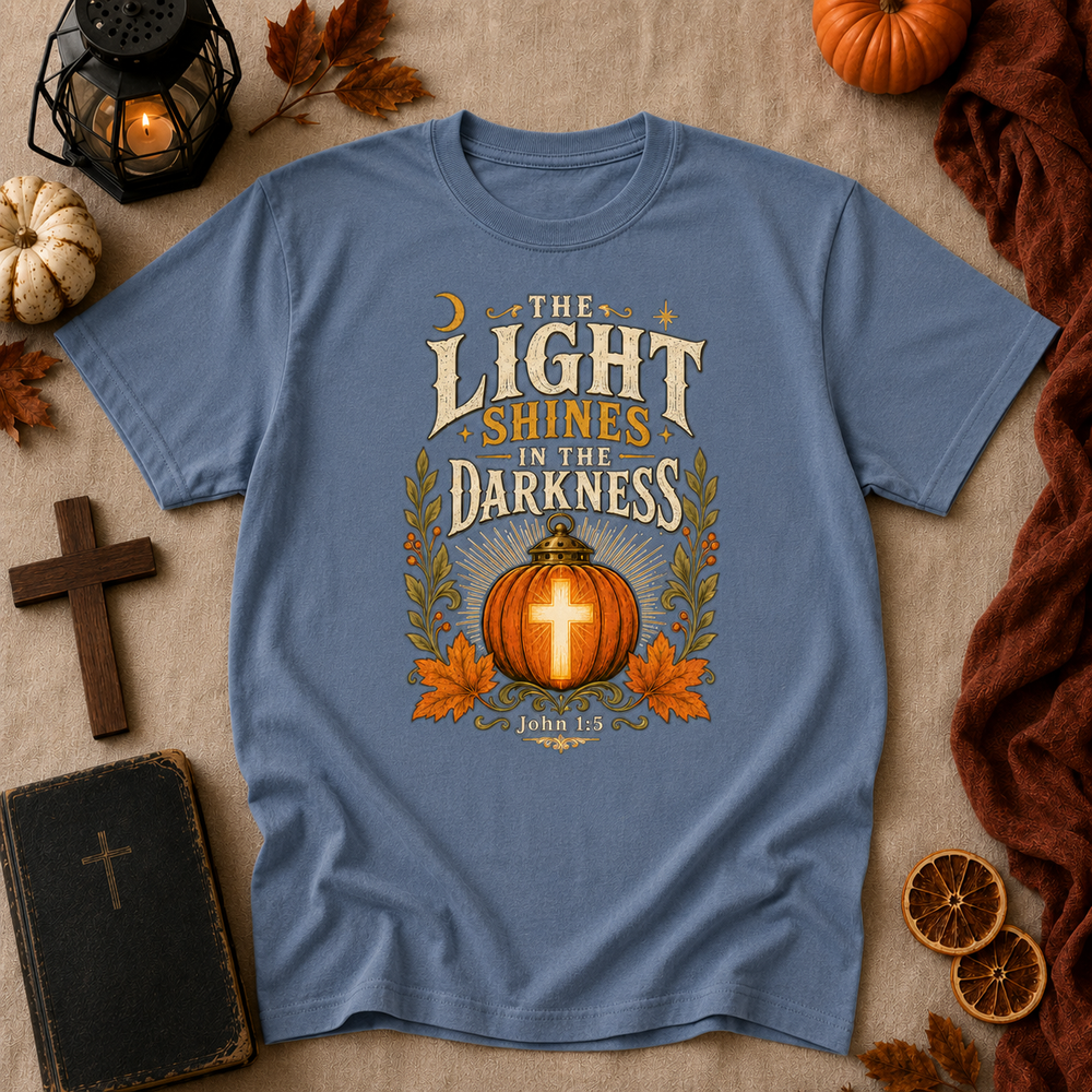 Faith Pumpkin T-Shirt — "Let Your Light Shine in the Darkness" Christian Fall Tee