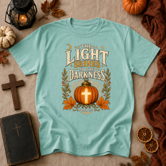 Faith Pumpkin T-Shirt — "Let Your Light Shine in the Darkness" Christian Fall Tee