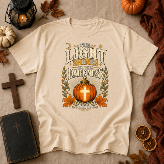 Faith Pumpkin T-Shirt — "Let Your Light Shine in the Darkness" Christian Fall Tee