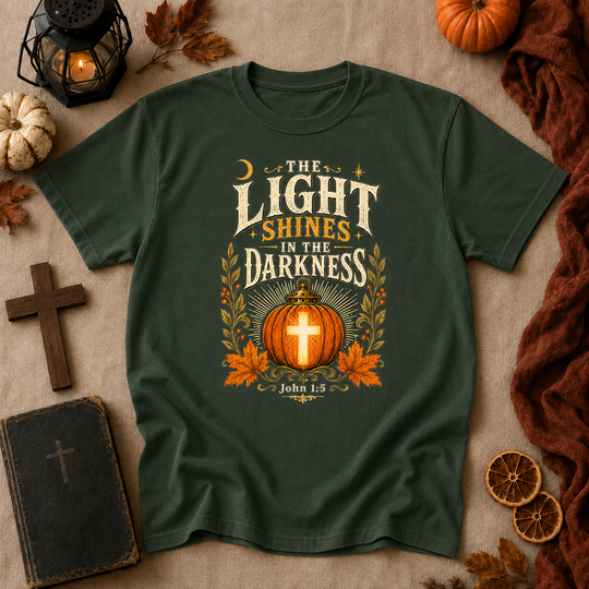 Faith Pumpkin T-Shirt — "Let Your Light Shine in the Darkness" Christian Fall Tee