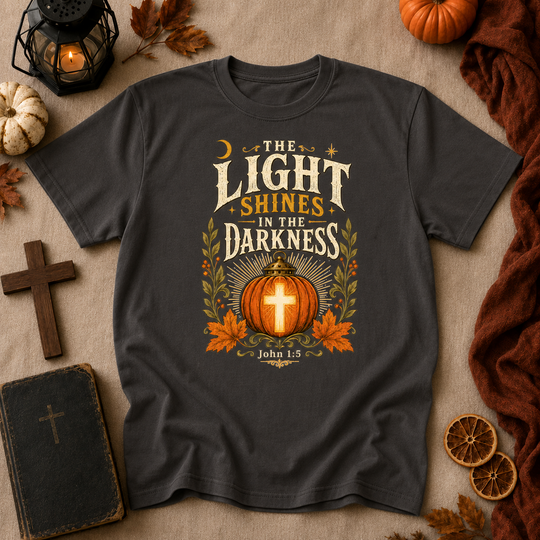 Faith Pumpkin T-Shirt — "Let Your Light Shine in the Darkness" Christian Fall Tee