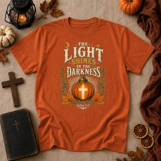 Faith Pumpkin T-Shirt — "Let Your Light Shine in the Darkness" Christian Fall Tee