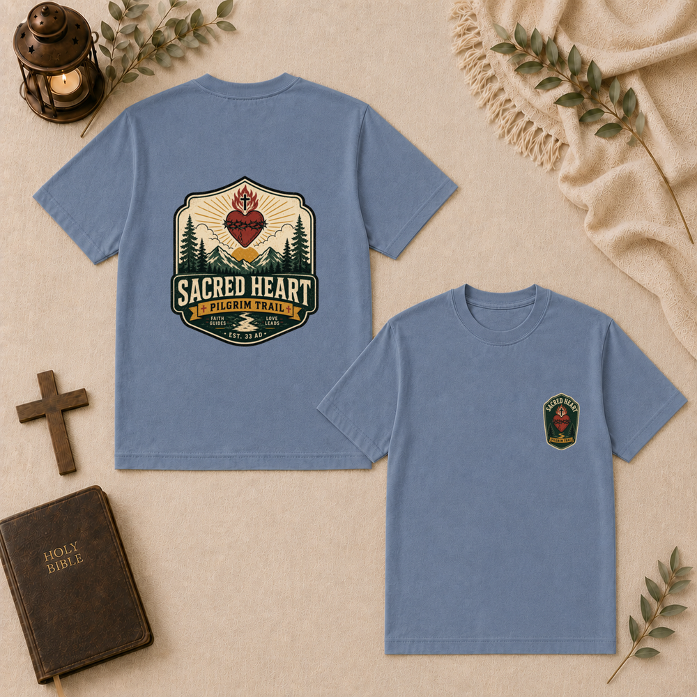 Sacred Heart Pilgrim Trail Tee In Blue Jean #color_blue-jean