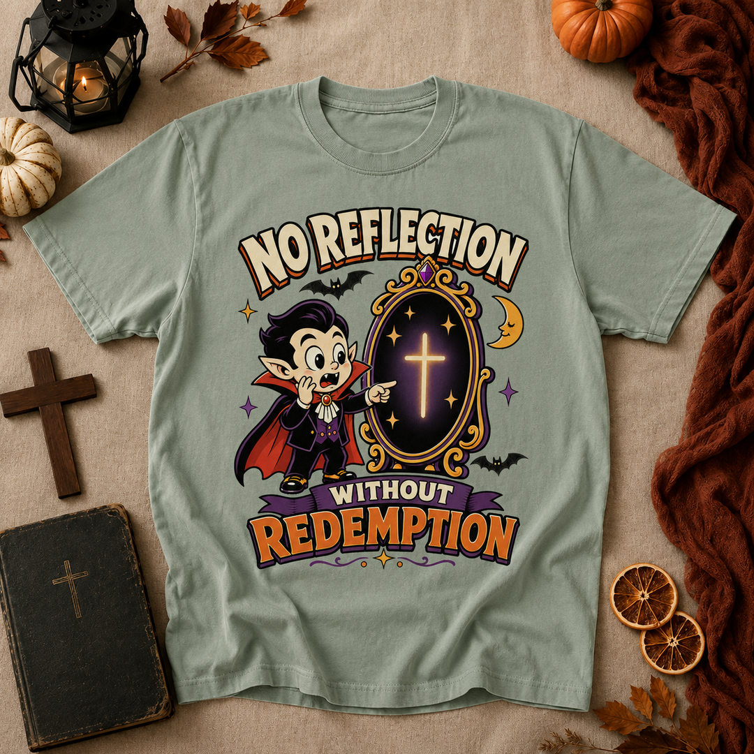 Vampire Cartoon Tee — "No Reflection Without Redemption" Graphic T-Shirt