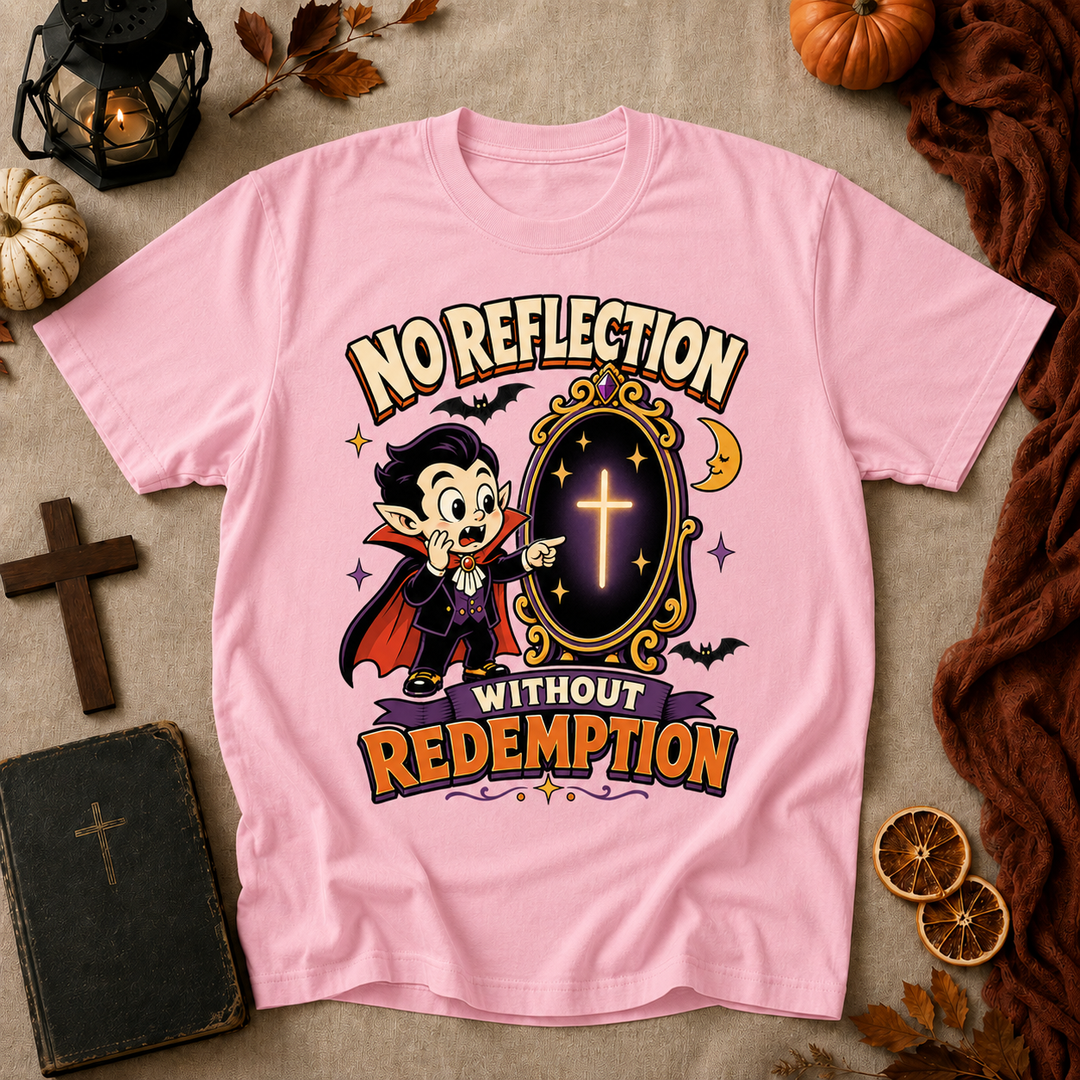 Vampire Cartoon Tee — "No Reflection Without Redemption" Graphic T-Shirt