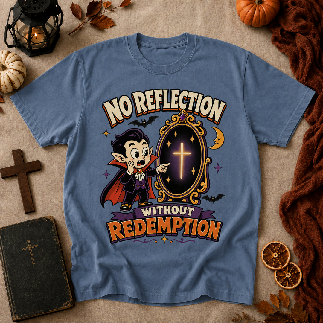 Vampire Cartoon Tee — "No Reflection Without Redemption" Graphic T-Shirt