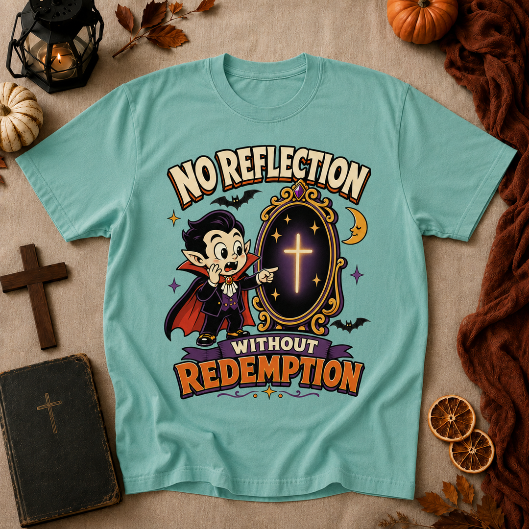 Vampire Cartoon Tee — "No Reflection Without Redemption" Graphic T-Shirt