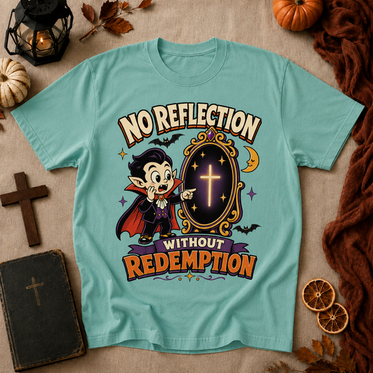Vampire Cartoon Tee — "No Reflection Without Redemption" Graphic T-Shirt