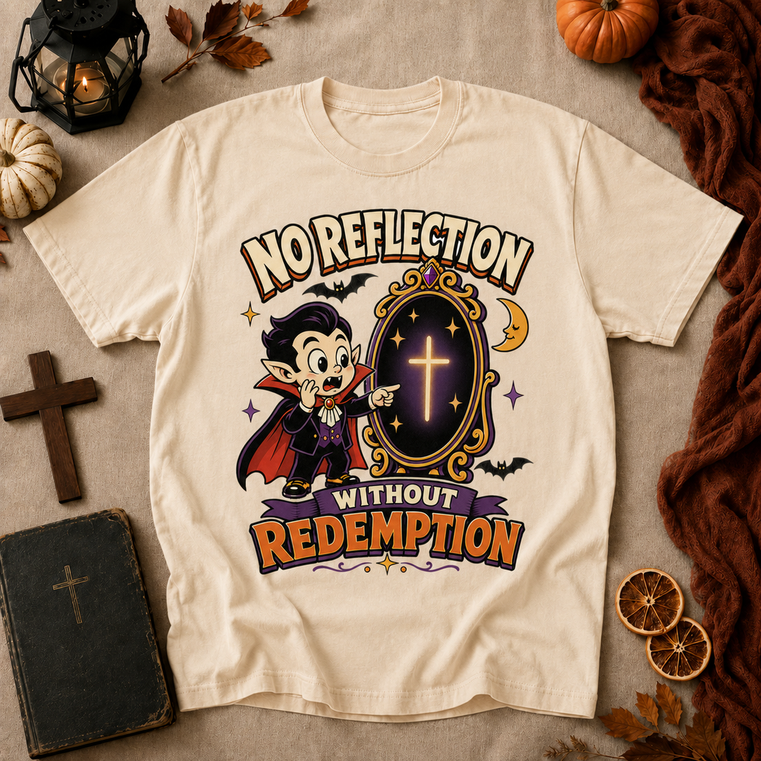 Vampire Cartoon Tee — "No Reflection Without Redemption" Graphic T-Shirt
