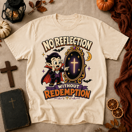Vampire Cartoon Tee — "No Reflection Without Redemption" Graphic T-Shirt