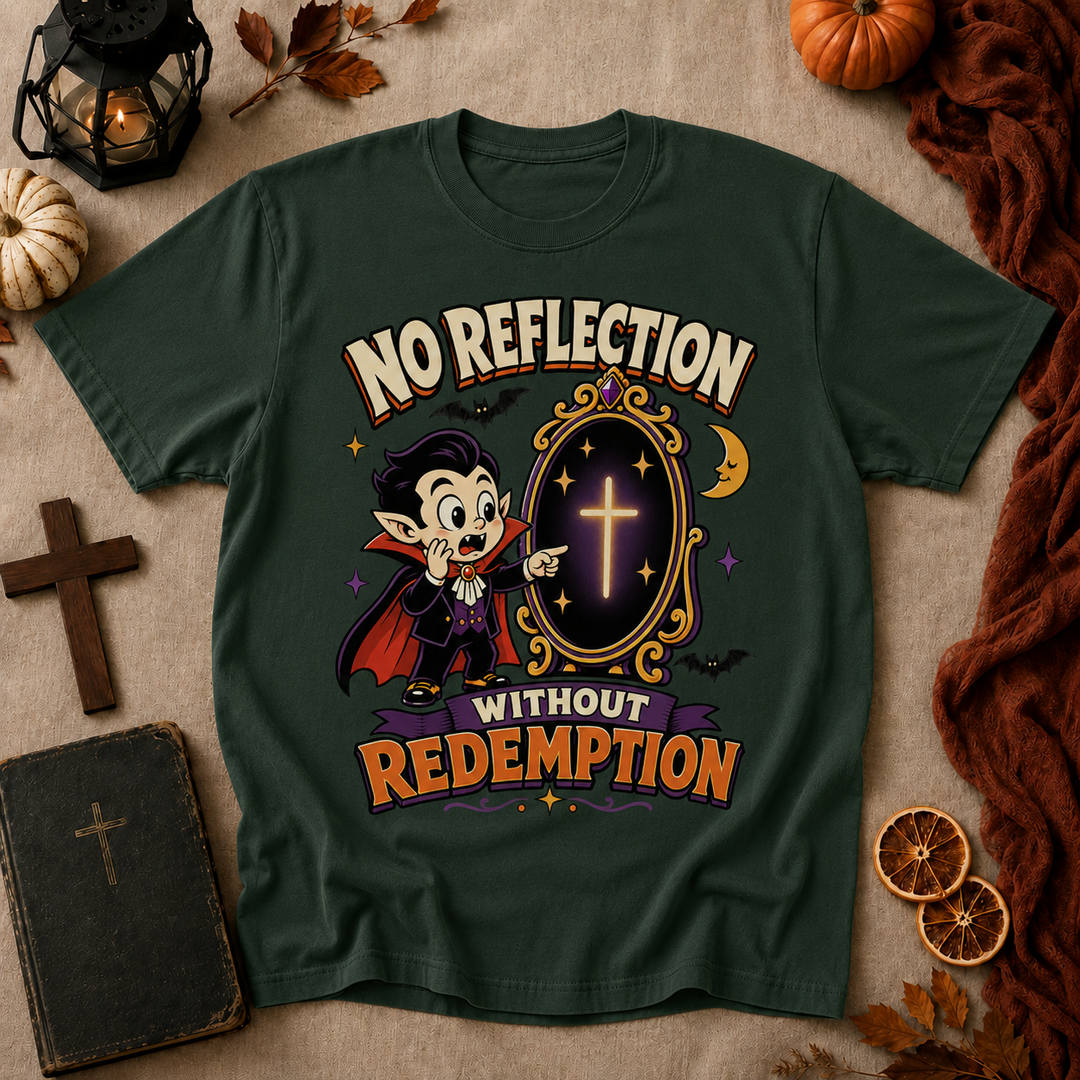 Vampire Cartoon Tee — "No Reflection Without Redemption" Graphic T-Shirt