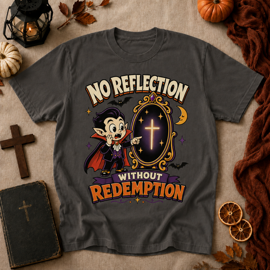 Vampire Cartoon Tee — "No Reflection Without Redemption" Graphic T-Shirt