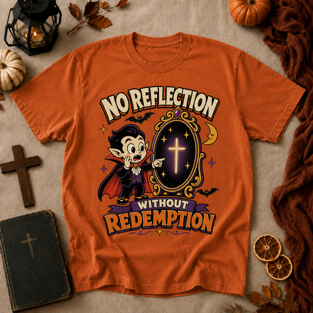 Vampire Cartoon Tee — "No Reflection Without Redemption" Graphic T-Shirt