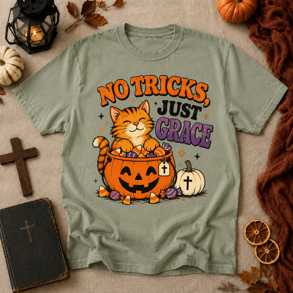 No Tricks Just Grace Halloween Cat T-Shirt