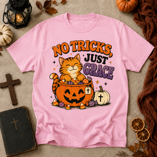 No Tricks Just Grace Halloween Cat T-Shirt