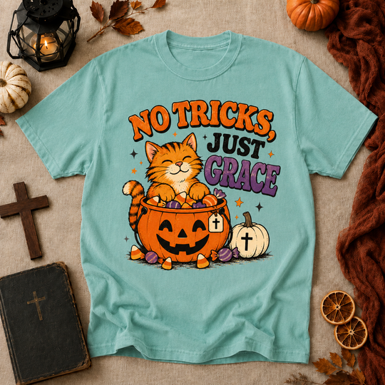 No Tricks Just Grace Halloween Cat T-Shirt