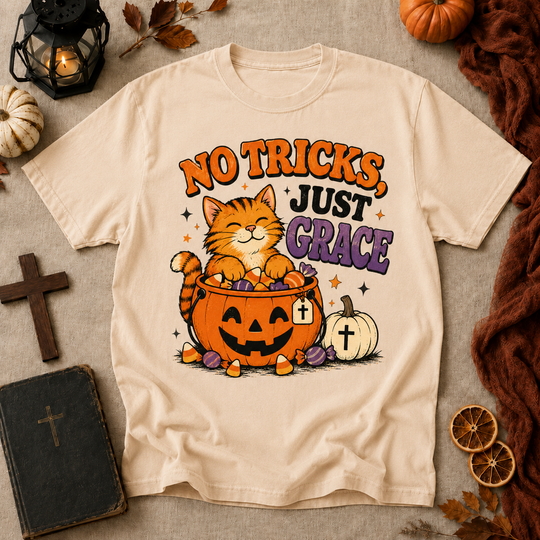 No Tricks Just Grace Halloween Cat T-Shirt